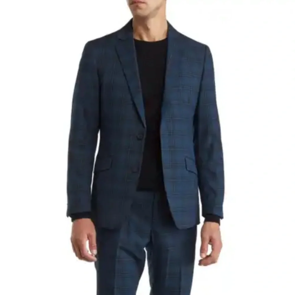 Ted Baker Endurance Roger Extra Slim Fit Wool Suit Jacket Teal Blue Plaid 40L‎